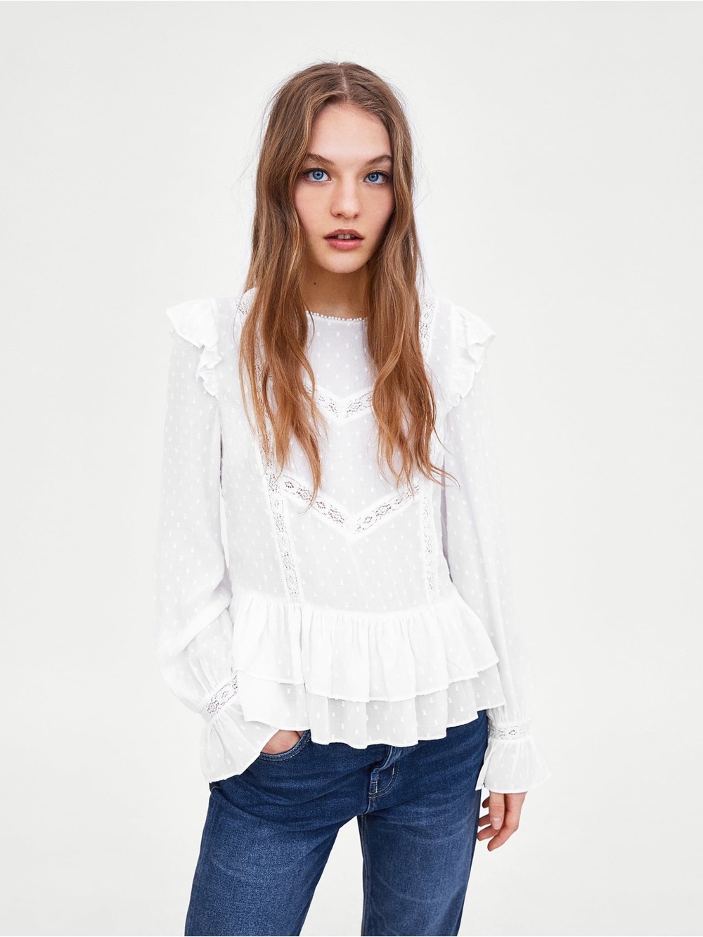 Zara Ruffled with Embroidery Details White Blouse Shirt XS